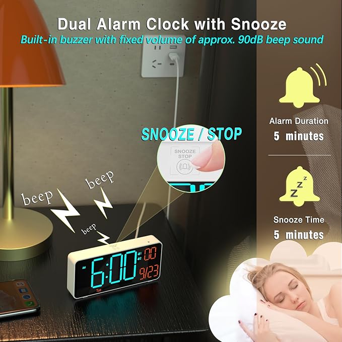 KOSUMOSU Small Digital Clock for Bedroom, 6.7in Desk Clock, Auto Dimming, Room Temperature, Day of The Week, Date, Seconds, Alarm Clocks for Bedrooms, Clocks for Living Room