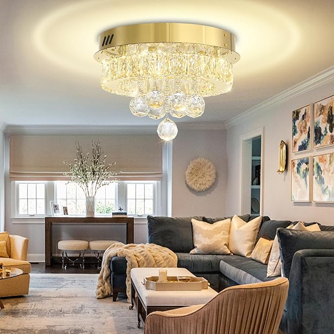 Flashing God 12" Modern Crystal Chandeliers Flush Mount Ceiling Light Gold Chandelier for Hallway LED Dimmable Light Fixture for Dining Room Living Room Bedroom