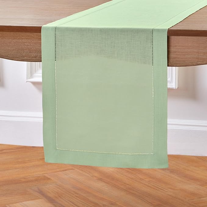 Solino Home Linen Light Green Table Runner 72 Inches Long - 100% Pure Linen Hemstitch Table Runner 14 x 72 Inch for Dresser, Dining - Classic Hemstitch