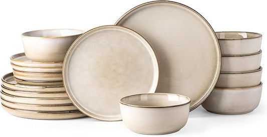GBHOME Ceramic Dinnerware Sets for 6, 18 Pieces Stoneware Plates and Bowls Sets, Scratch Resistant Dishes, Dishwasher & Microwave Safe, Reactive Glaze-Cappuccino