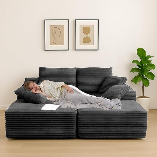 Chaise Lounge Chair, Sofa Couches for Living Room, Oversized Upholstered Sleeper Indoor, Cloud Sofa Bed Indoor Deep Seat, No Assembly Required Corduroy, Double Seat Gray