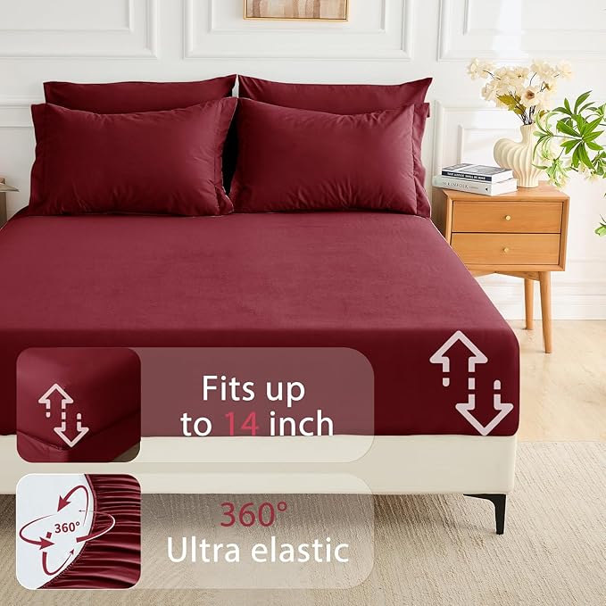 MUXHOMO 7 Pieces Queen Comforter Set, Soft Bed in a Bag Queen Size, All Season Bedding Set with Comforter, Flat Sheet, Fitted Sheet, Pillowcases & Shams, Burgundy Red