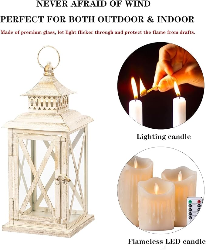 DECORKEY Lantern Decorative Indoor & Outdoor,Large Square Hanging Spring Home Decor, Vintage Metal Decorative Candle Lanterns for Outdoor Patio Wedding Party Beige with Copper Brush