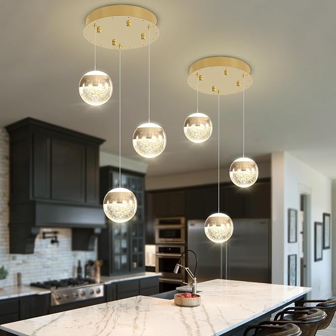 Modern Crystal Pendant Lighting Gold Globe Pendant Light Fixture, Mid Century Chandelier 3-Light Hanging Fixture for Kitchen Island,Globe Chandeliers for Dinning Room Bedroom