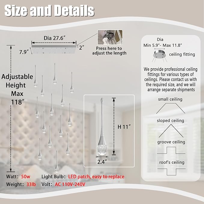 Modern Rectangular Chandelier,14 Lights Silver Raindrop Chandelier Lighting,Industrial Linear Pendant Ceiling Light Fixture for Dining Living Room Kitchen Island