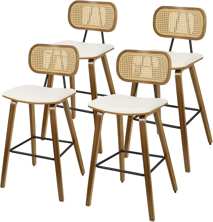 Counter Height Bar Stools Set of 4, 26" Mid Century Modern Rattan Bar Stools for Kitchen Counter PU Leather Upholstered Barstool with Wood Legs, Counter Height Island Stool Chair, Cream White & Walnut