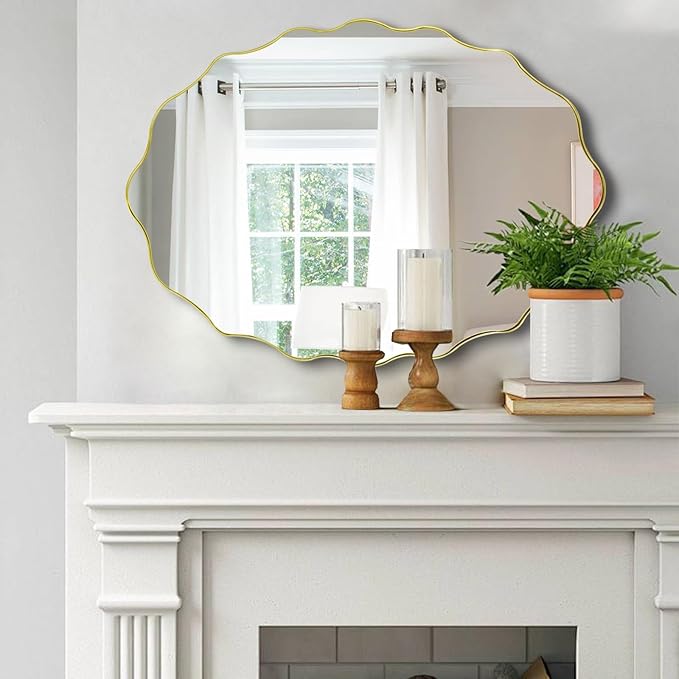 Scalloped Mirror, 35.5"x26" Bathroom Vanity Mirror, Irregular Shaped Mirrors Decorative, Modern Wavy Round Mirrors for Living Room Bedroom Hallway Entryway Fireplace