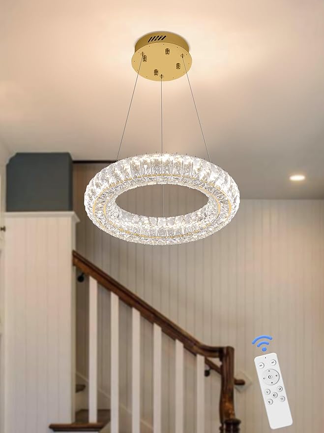 Modern Crystal Chandelier Dimmable LED 15.7" Gold Ring Pendant Light Adjustable Round Crystal Chandelier Light Fixtures for Dining Room Living Room