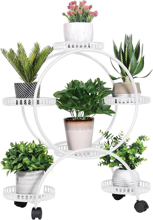 unho Metal Plant Stand 6-Potted: Flower Pot Holder with Wheels 4 Tier Display Shelf Rack for Patio Balcony Yard Garden Home Decor, White