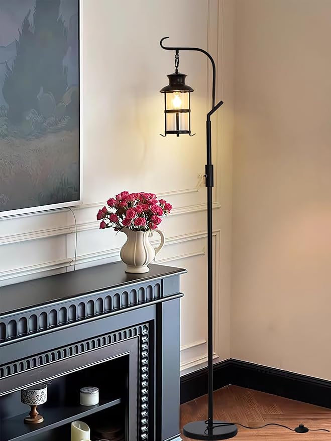 Vintage Dimmable Floor Lamp,Classical Lanterns Standing Lamp, Rustic Farmhouse Floor Lamp with Black Finish, for Living Room Bedroom,Bar,Basement.(Black)