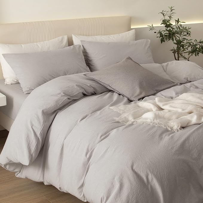 JIYUAN 100% Washed Cotton Duvet Cover Set 3 PCS Oversized King, 1 Duvet Cover 120"x98" (Comforter Not Included) and 2 Pillowcases,Linen Feel Bedding Set Comfy and Breathable, Heathered Cream Grey