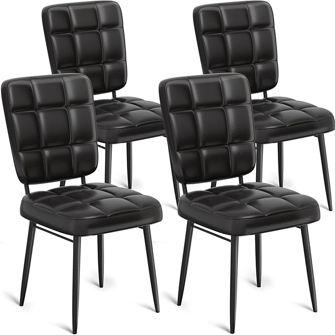 Leather Dining Chairs Set of 4, Upholstered Dining Room Kitchen Chairs with Thick Cushion, High Backrest, Metal Legs, Mid Century Modern Side Chair for Living Room Cafe Restaurant, Ink Black