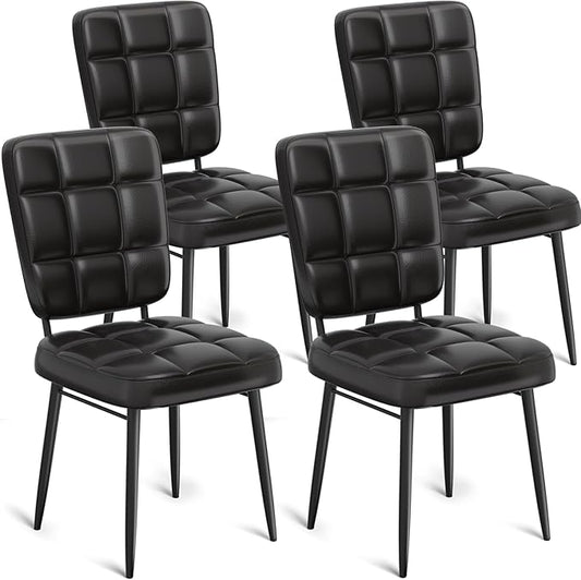 Leather Dining Chairs Set of 4, Upholstered Dining Room Kitchen Chairs with Thick Cushion, High Backrest, Metal Legs, Mid Century Modern Side Chair for Living Room Cafe Restaurant, Ink Black