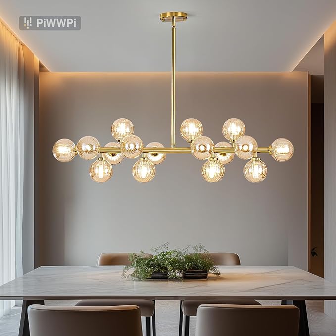 Glass Globe Sputnik Chandelier, 16-Light Mid Century Modern Light Fixture Over Table, Linear Chandeliers for Dining Room, Kitchen Island, Brass Gold and Amber Bubble, 40 Inch, GC-02