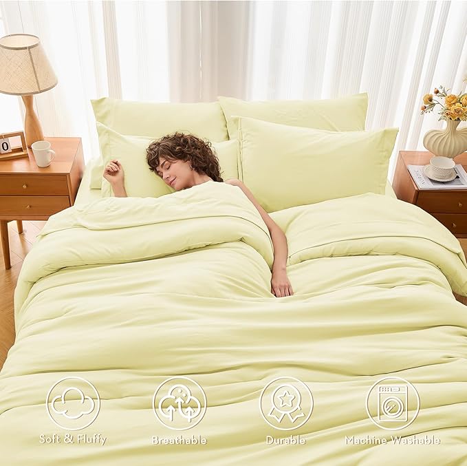 MUXHOMO 5 Pieces Twin Comforter Set, Soft Bed in a Bag Twin Size, All Season Bedding Set with Comforter, Flat Sheet, Fitted Sheet, Pillowcases & Shams, Cream Yellow