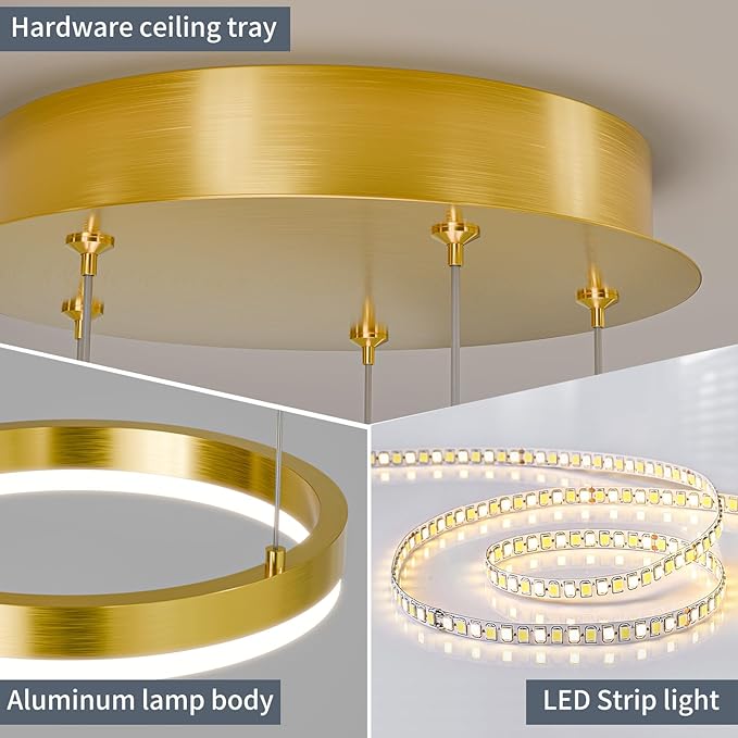 4 Rings Gold Modern LED Chandelier, Circular Dimmable Pendant Light with Remote Control, Adjustable Hanging Ceiling Lighting Over Table for Living Room, Dining Room, Foyer, Kitchen Island