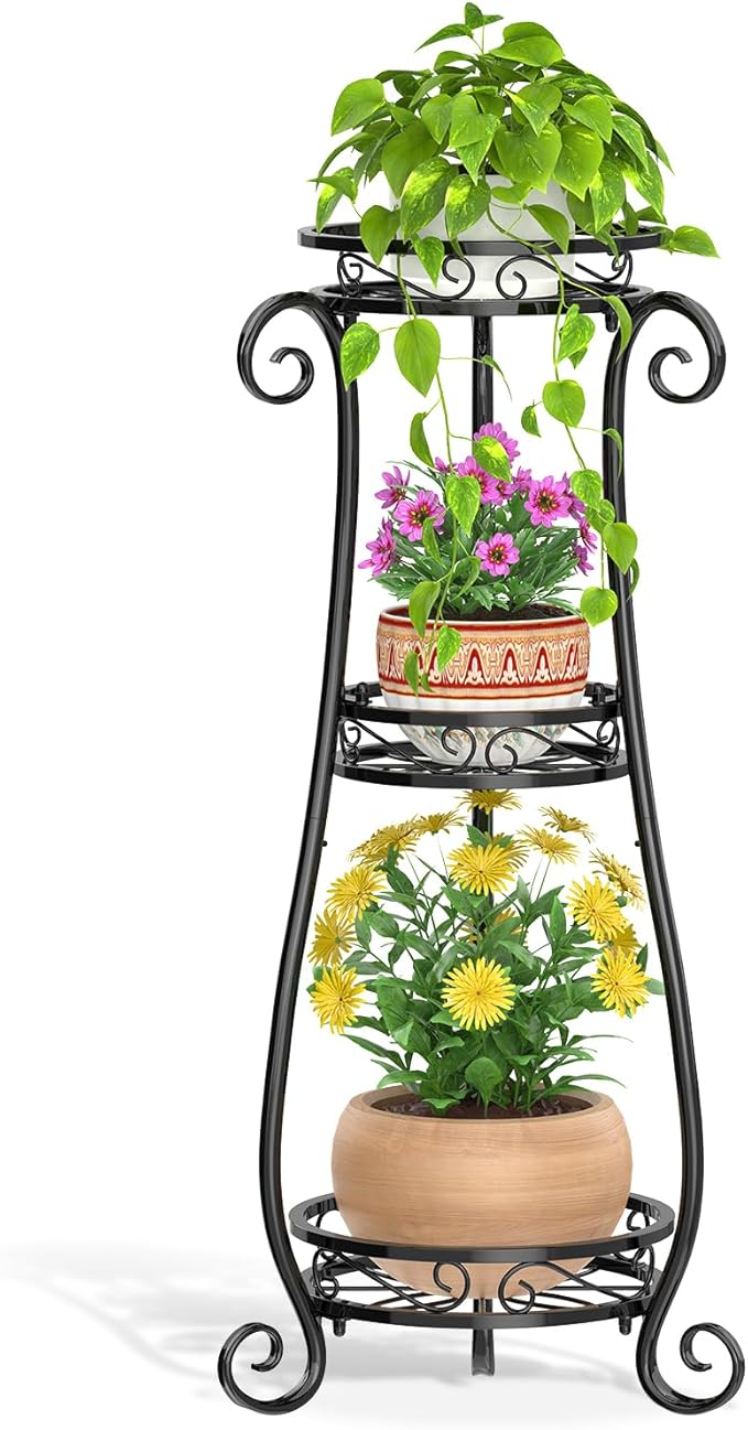 LASZOLA 3 Tier Black Metal Plant Stand for Multiple Large Planters Indoor Outdoor Organizer, Heavy Duty Tall Flower Stand for Corner Patio Bathroom Office, Modern Sturdy Vertical Iron Rack, Cat Proof