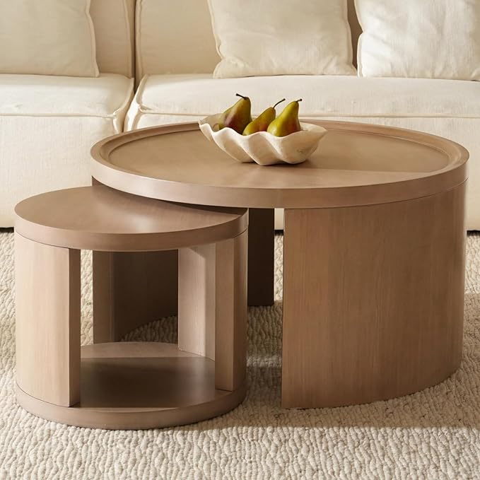 Round Nesting Coffee Table Set of 2,31.5" Large & 18" Small Low Tables with Wood Look Top,Space-Saving Side Tables for Living Room,Bedroom,Office,Minimalist Center Table Set (Gray, L+S)