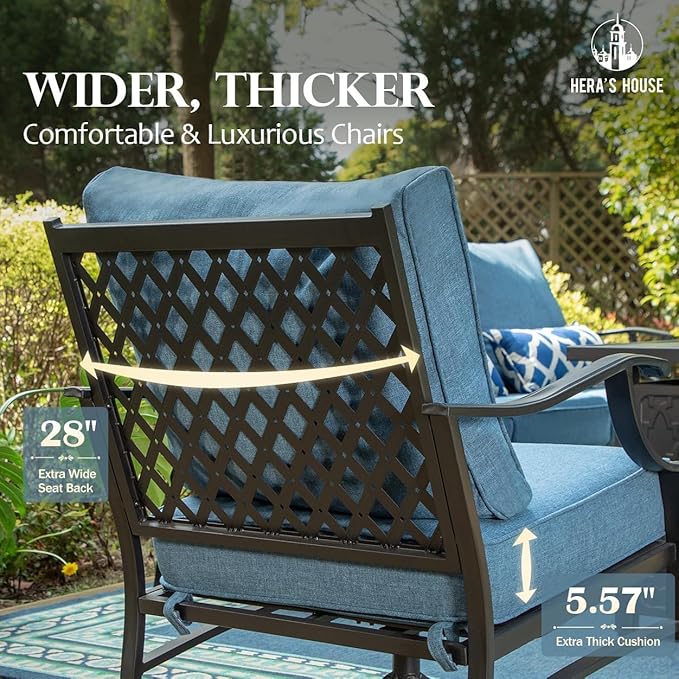 HERA'S HOUSE 6 Piece Patio Furniture Set, 2 x Rocking Cushioned Chair, 2 x Cushioned Ottoman, 1 x 3-Seat Sofa with Marbling Coffee Table, Outdoor Conversation Set for Lawn Garden Backyard, Navy Blue