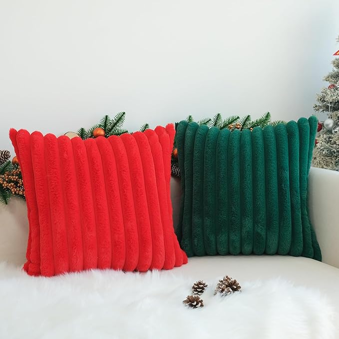 JOJUSIS Pack of 2 Faux Fur Plush Decorative Throw Pillow Covers Couch Cushion Case Soft Pillowcases (Dark Green, 18 x 18-Inch)