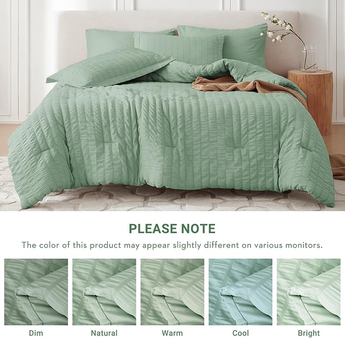 MUXHOMO 7 Pieces King Comforter Set, Seersucker Bed in a Bag King Size, All Season Luxury Bedding Set with Comforter, Flat Sheet, Fitted Sheet, Pillowcases & Shams, Sage Green