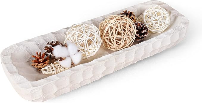 Decorative Bowl for Home Decor, Long Dough Bowl with Hand Carved Irregular Texture, Unique Table Centerpieces, Wooden Home Decor Accents for Farmhouse Boho Rustic Style(16.1"x 5.5" Washed White)