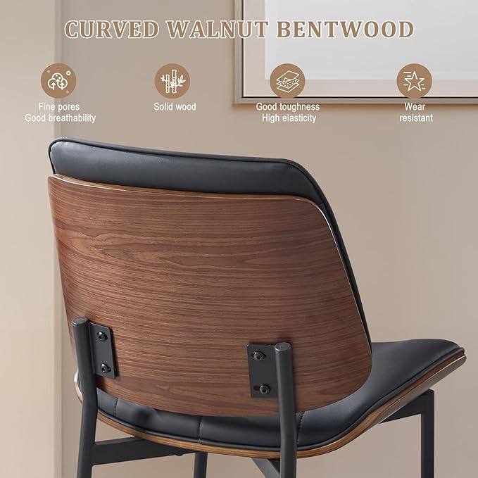 BV Mid Century Modern Dining Chairs Set of 6, Upholstered Pu Leather Armless Accent Chair with Walnut Bentwood Back, Retro Kitchen Chair for Dining Room, Living Room, Kitchen, Black