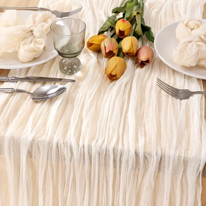 MLMC 3 Pack Ivory White Table Runner Rustic Gauze Cheesecloth Table Runner 10ft Fall Cheese Cloth Centerpiece Decor 35x120 Inches for Wedding Dessert Anniversary Bridal Baby Shower Decor