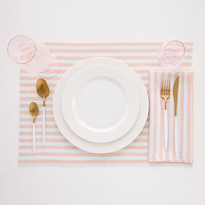 Solino Home Linen Cloth Placemats Set of 4 - Amalfi Stripe 100% Pure Linen Coral and White Farmhouse Placemats 14 x 19 Inch