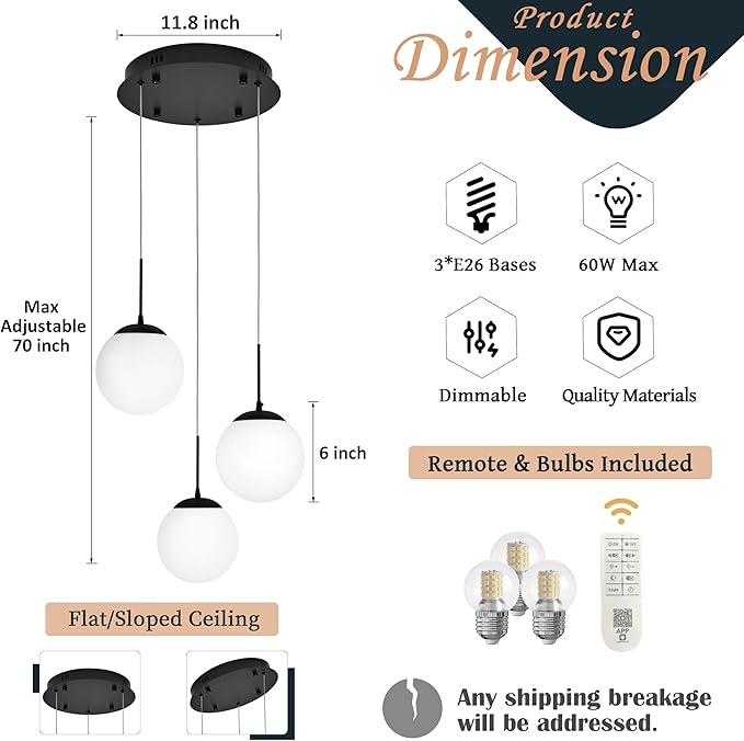 KoKo&Yukina 3 Light Globe Glass Pendant Light Modern Black Globe Chandelier Adjustable Length Pendant Light Fixtures Milky White Glass Ceiling Light for Foyer Hallway