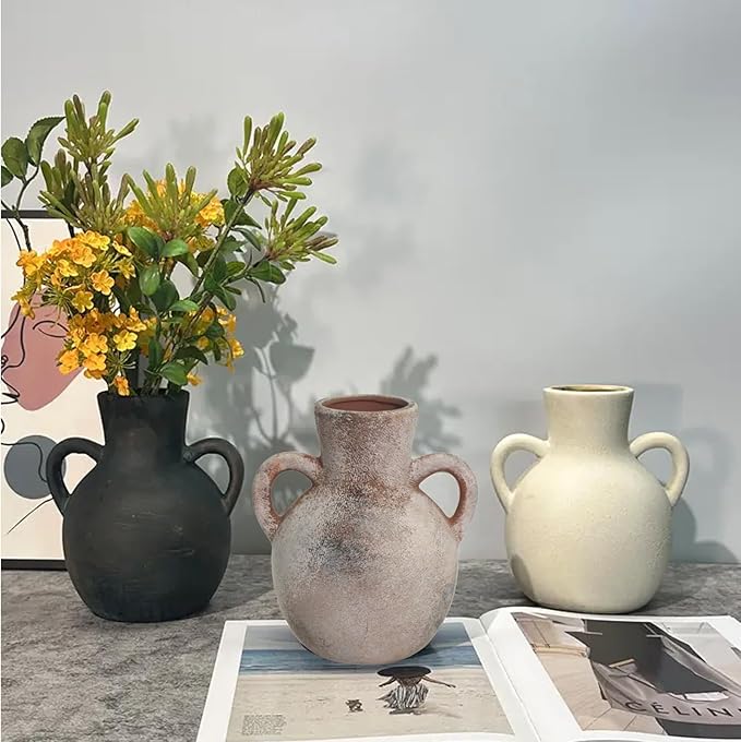 Ceramic Flower Vase,7.3 inch Tall Farmhouse Rustic Vase, Handcrafted Weathered Pottery Vases, Small Flower Terracotta Vases for Home Decor, Living Room Farmhouse Table Shelf Entrance (Terracotta)