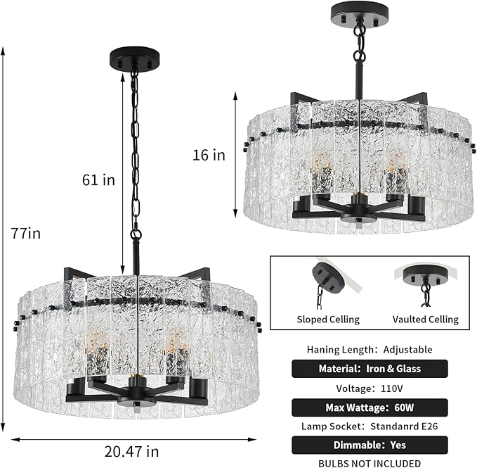 Modern Chandeliers for Dining Room,20" Black Luxury Water Ripple Glass Bedroom Light Fixture,5-Light Glass Pendant Lights Kitchen Island for Living Room,Foyer