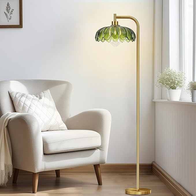 Glass Floor Lamp for Living Room,Bedroom,Gold Mid Century Modern Standing Lamp with Remote Dimmable,Boho Brass Tall Lamp Vintage Retro Green Arc Floor Lamps Flower Floor Light Bohemian
