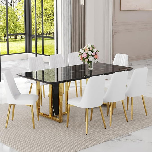 TesNus 79" Black Dining Table Set for 8 with Chairs,Large Faux Marble Kitchen Table and Chairs Set Rectangular 9 Piece Dining Room Set with Gold Metal Legs,Easy Assemble,Stable Base