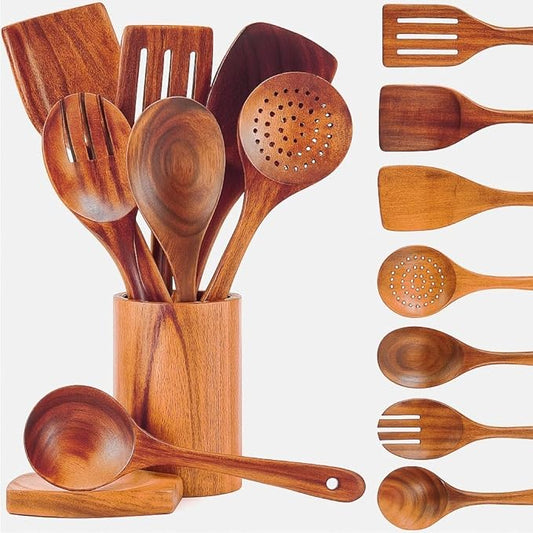 Riveira's 9-Piece Dark Brown Kitchen Essentials Wooden Cooking Utensils Set - Complete Kitchen Utensils Set for Gourmet Results