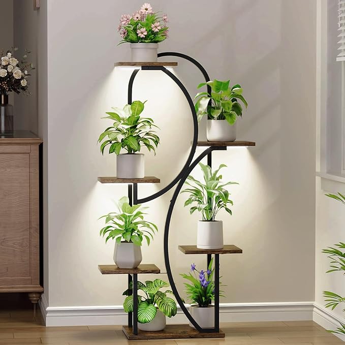 Plant Stand Indoor With Grow Lights - 47" Indoor Plant Shelf, 6-Tiered Corner Plant Stand For Multiple Plants, Lighted Arch-Shaped Flower Display Rack For Living Room, Patio, Hallway