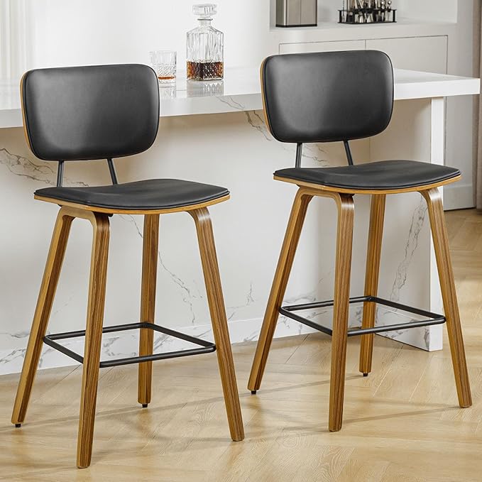 Counter Height Bar Stools Set of 3, PU Leather Upholstered Barstools with Backs, Bent Wood Legs, 26 Inch Seat Height, Mid Century Modern Counter Stools for Kitchen Island, Black