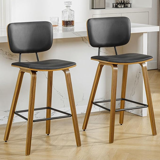 Counter Height Bar Stools Set of 2, PU Leather Upholstered Barstools with Backs, Bent Wood Legs, 26 Inch Seat Height, Mid Century Modern Counter Stools for Kitchen Island, Black
