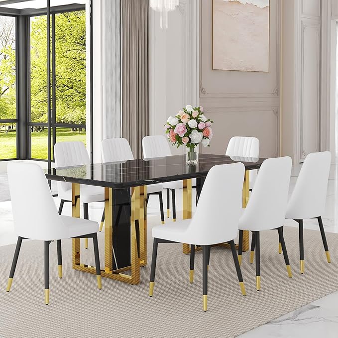 TesNus 79" Black Dining Table Set for 8 with Chairs,Large Faux Marble Kitchen Table and Chairs Set Rectangular 9 Piece Dining Room Set with Gold Metal Legs,Easy Assemble,Stable Base
