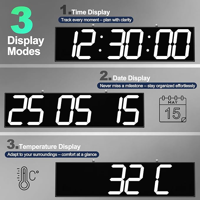 Digital Clock Large Display 28" with Remote Control,Double-Sided Clock, Suspended Design for Hospitals, Factories, Airports.