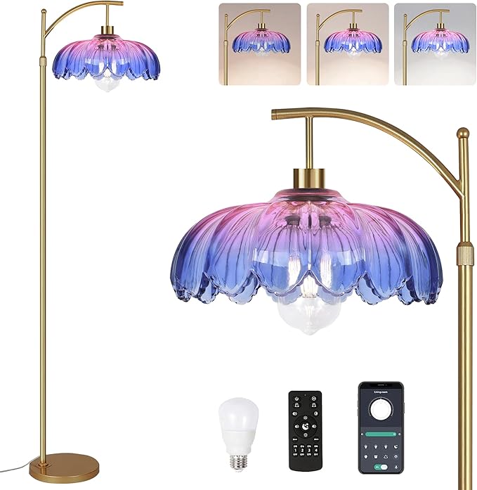 Floor Lamp for Living Room,Bedroom,Gold Dimmable Standing Lamp with Remote,Mid Century Modern Brass Tall Lamp Retro Vintage Glass Lamp Floor Light Boho Bohemian