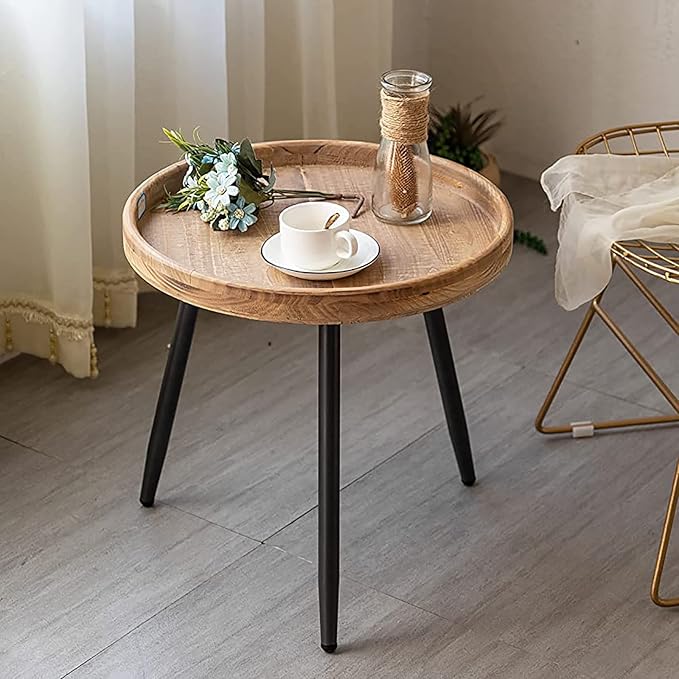 Tiita Round End Table Mental Side Table Nightstand/Small Wood Tables Accent Coffee Table with Wooden Tray for Living Room Bedroom Office Small Space