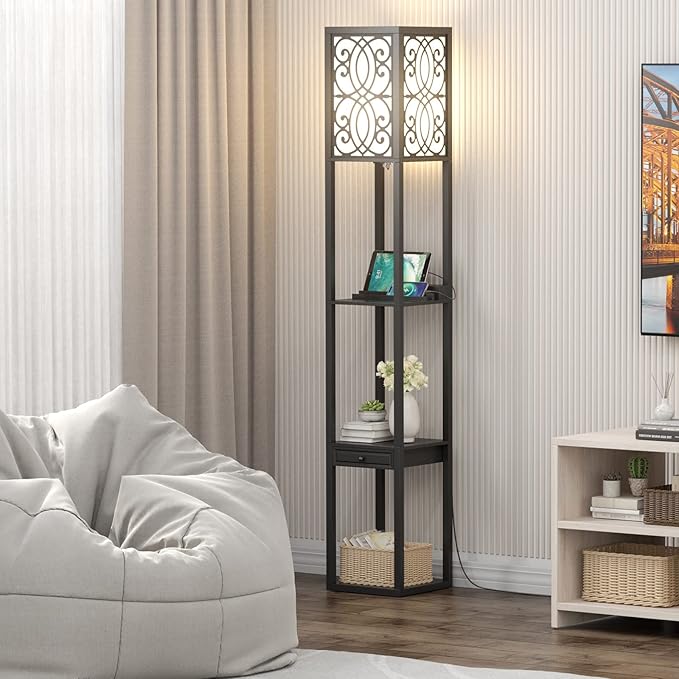 Tangkula floor lamp with Shelves and Drawer, Modern with 1 Power Outlet and 2 USB Ports, Standing for Living Room and Bedroom, Black (Carved)