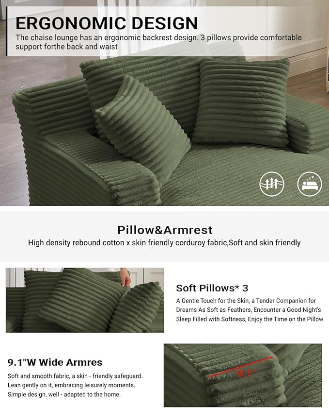 50 Inches Chaise Lounge Indoor,Oversized Chaise Lounge Chair with 3 Throw Pillows and Armrests,Corduroy Upholstered Plush Sofa Bed Lazy Chair Bed Sleeper Chair for Living Room Apartment (Green)