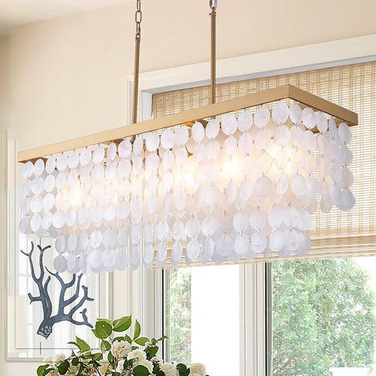 TOCHIC Rectangular Capiz Shell Chandelier, Coastal Beach Lighting 6 Lights, Modern Gold Chandelier Shell Pendant Light for Kitchen Island, Dining Rooms, 2 Tier, 39.3in L