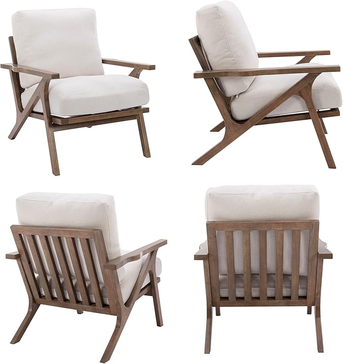 HNY Mid Century Modern Accent Chairs Set of 2, Farmhouse Linen Upholstered Armchair for Living Room, Bedroom, 23'' Seat Wide Retro Leisure Reading Chair Slipper Chair with Wood Frame, White