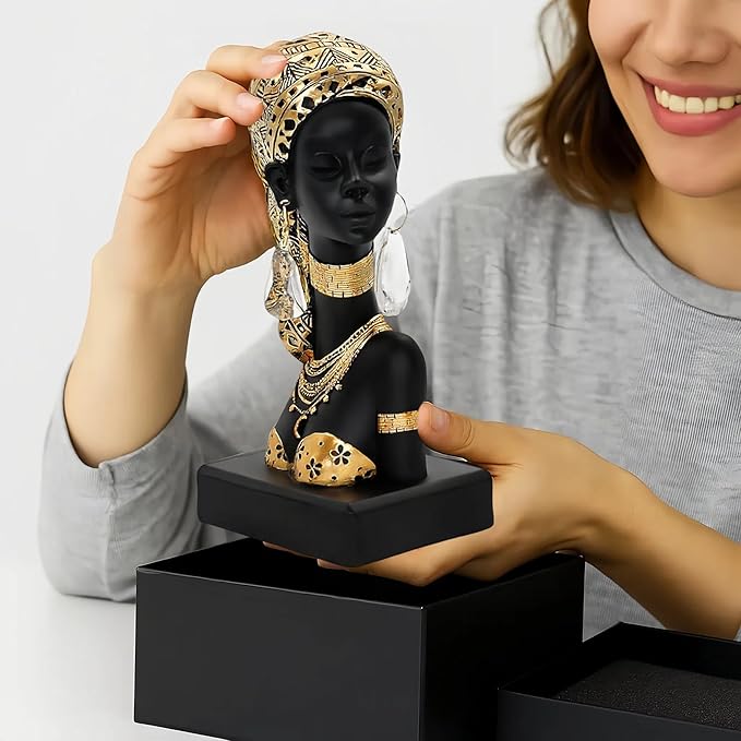 African Woman Resin Bust Sculpture with Crystal Earrings – Tribal Lady Figurine in Gold Headdress for Home Decor, Black and Gold Accent Statue for Shelf, Table, Office, Gift for Women