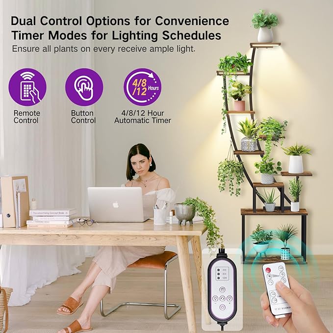 9 Tier 63" Tall Plant Stand Indoor with Grow Lights & Remote Control & Auto Timer, Metal Plant Shelf with Full Spectrum Dimmable Light, Plant Rack Display Shelves for Living Room, Patio