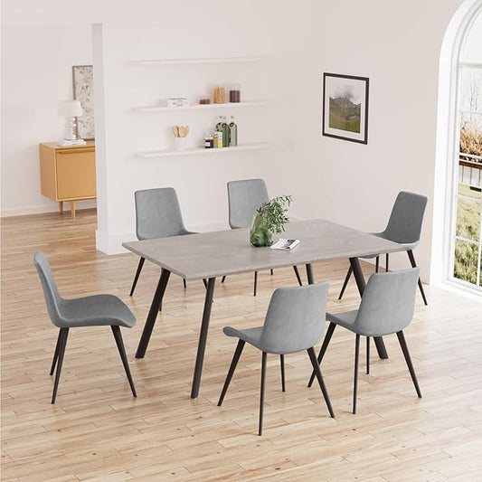 ZckyCine 46.5-inch 6-Person Dining Table Set: Rectangular Table with 6 Modern Leather Chairs, Metal Frame and Wood Combo, Ideal for Home Kitchens and Dining Rooms (7-Piece Set)