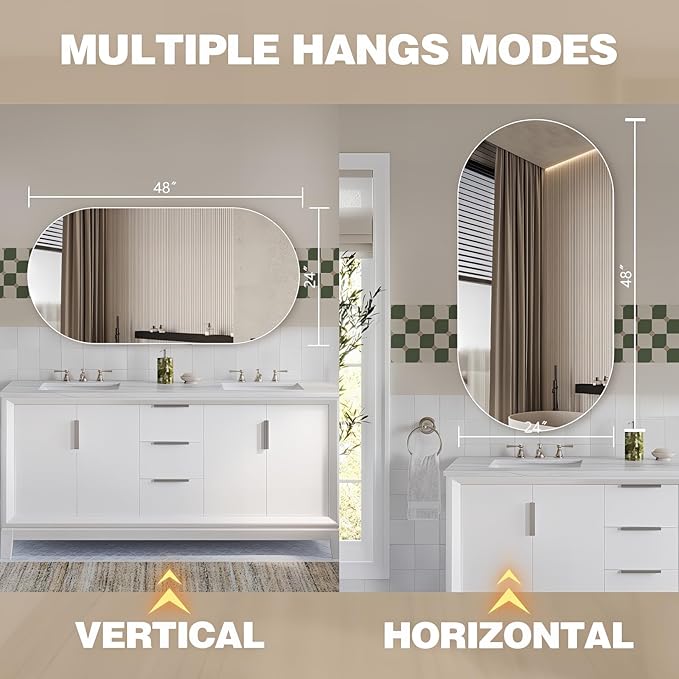 48"x24" Frameless Mirror Wall Mirror, Modern Oval Bathroom Mirror with Polished Edge, Hang Horizontally or Vertically, for Bedroom Bathroom Livingroom Gym Entryway and More